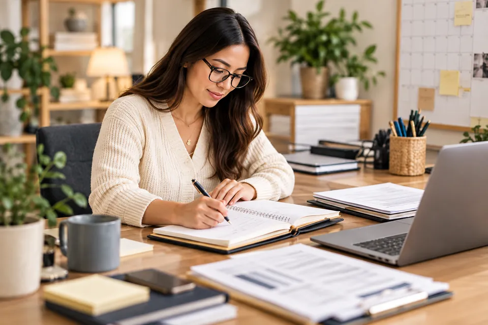 A professional writing in a planner at an organized desk with a laptop, files and a wall calendar.