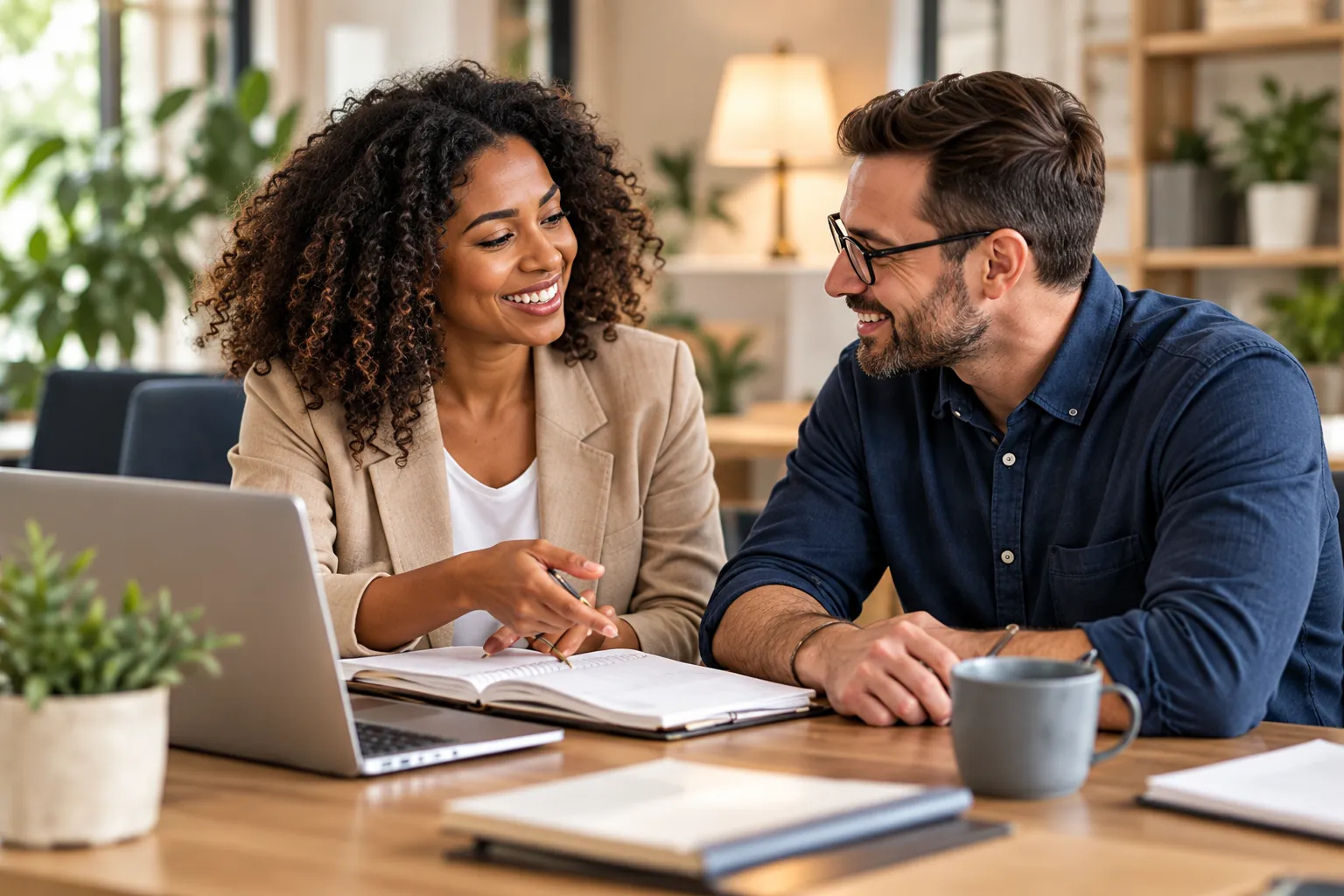 Two colleagues smiling as they talk through notes together at a desk with a laptop in a warm, plant-filled office.