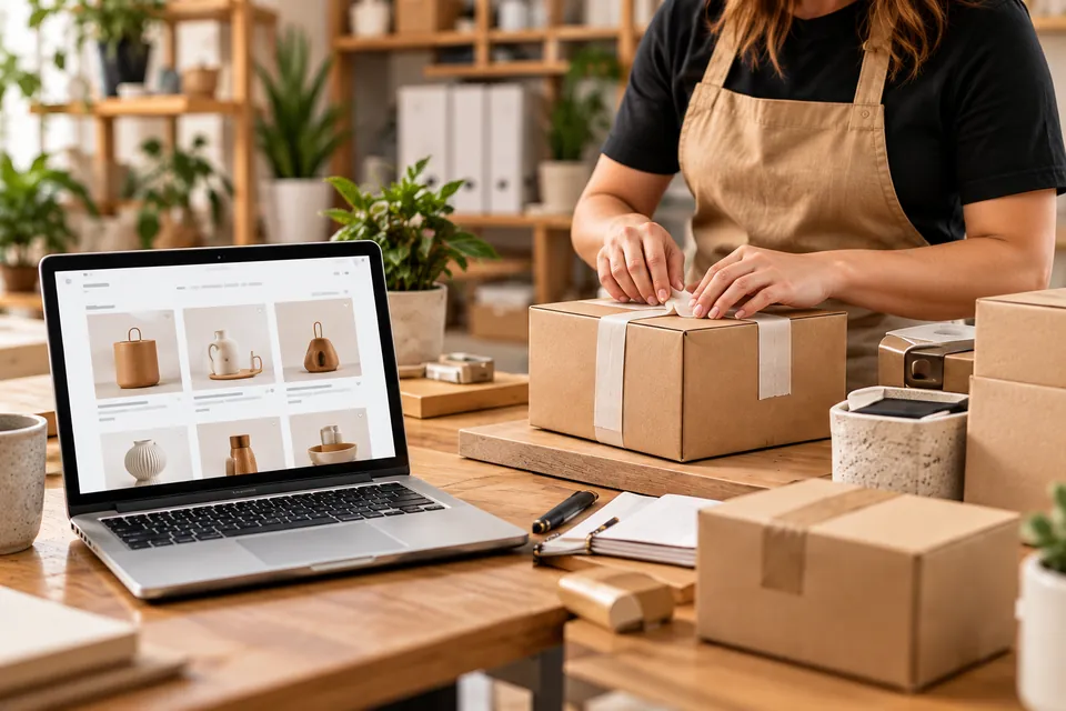 A person in an apron tapes a cardboard box at a sunlit worktable beside a laptop showing an online shop.