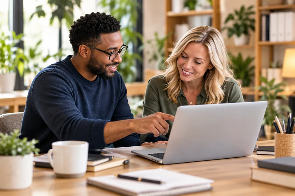 A man points to a laptop screen while explaining something to a smiling colleague beside him.